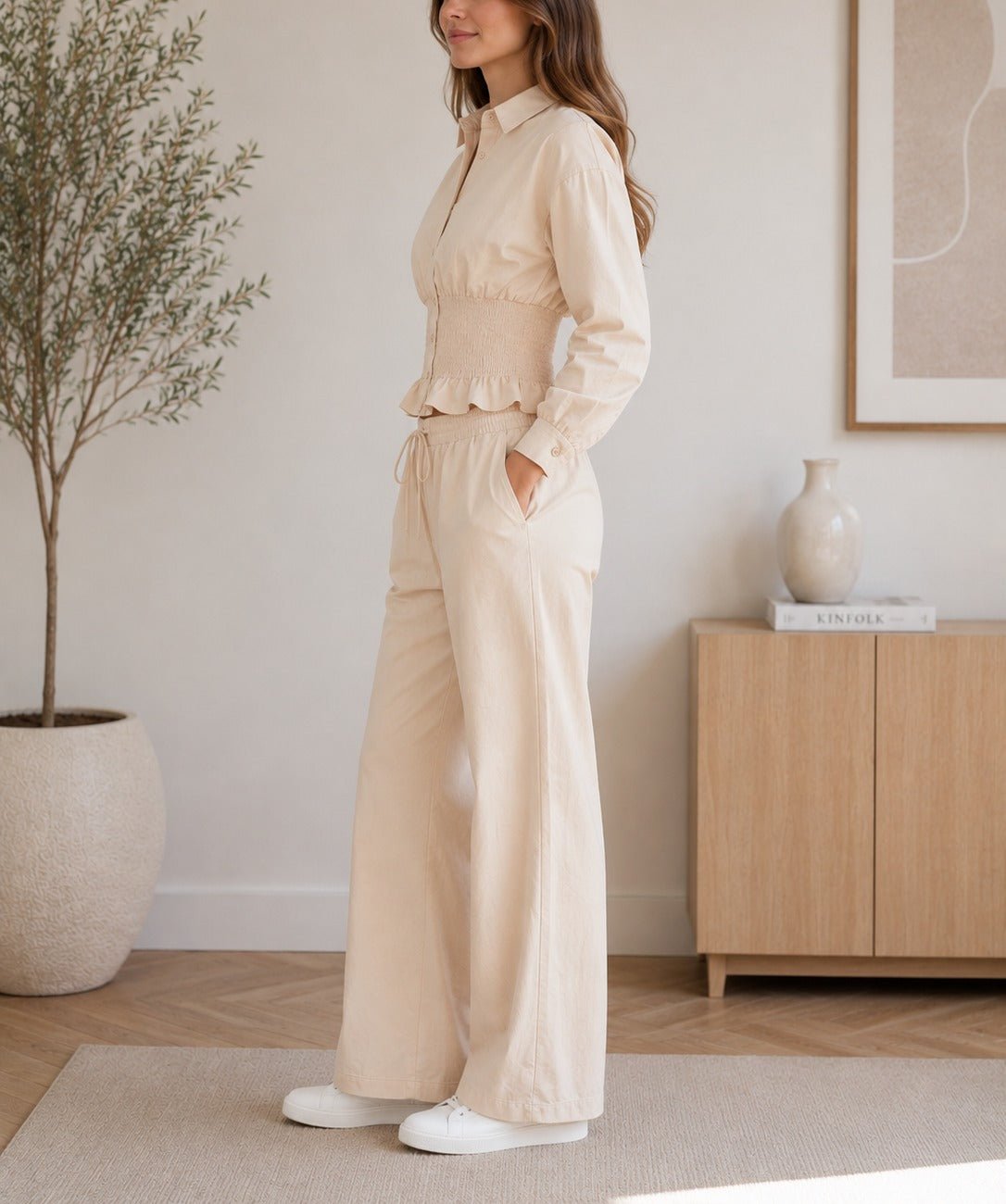Ladies Cream Button Ruffel Two Piece Set - StylePhase SA