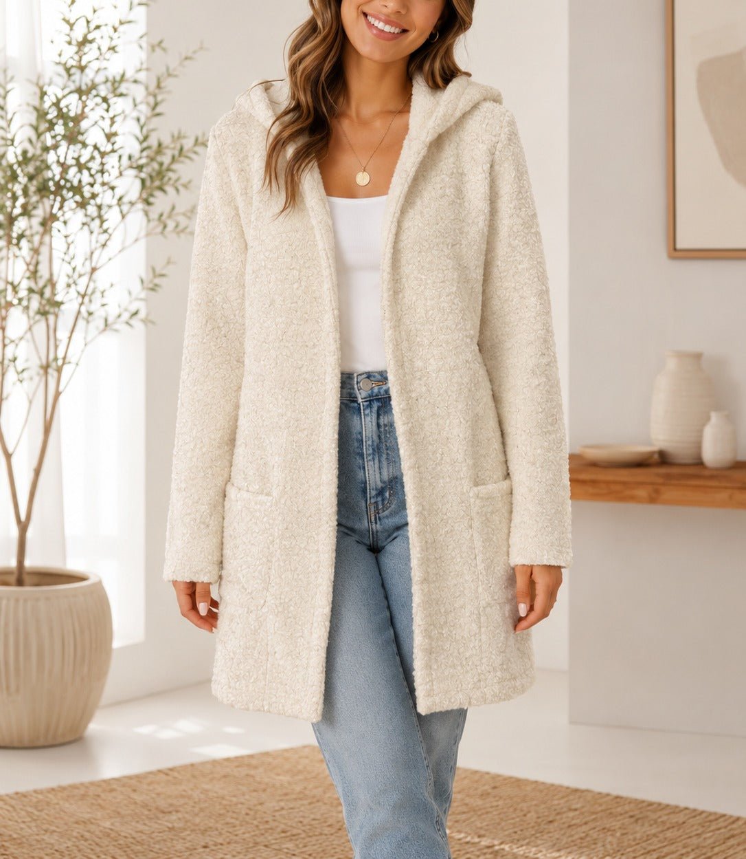 Ladies Cream Curly Melton Hooded Coat - StylePhase SA