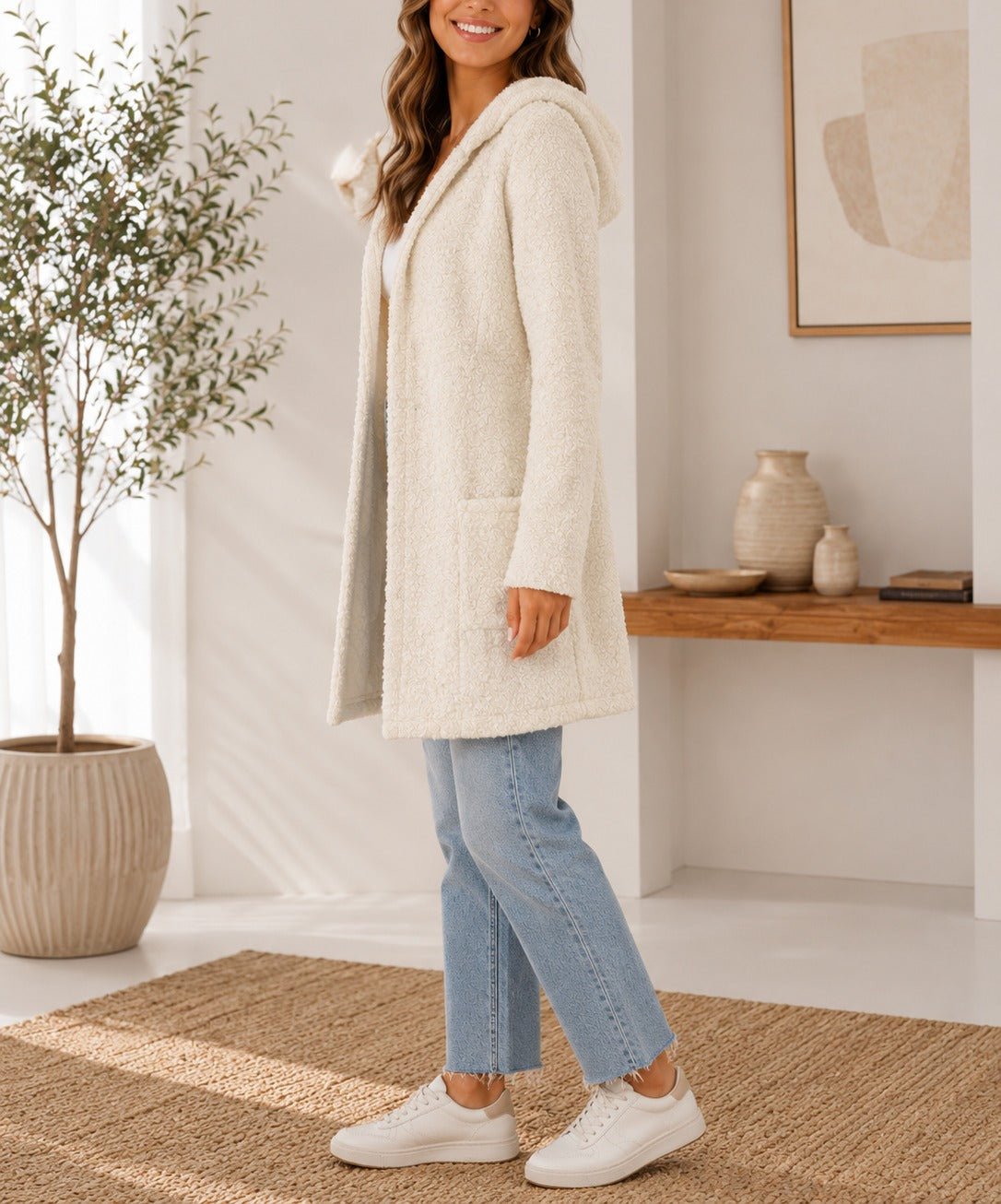 Ladies Cream Curly Melton Hooded Coat - StylePhase SA