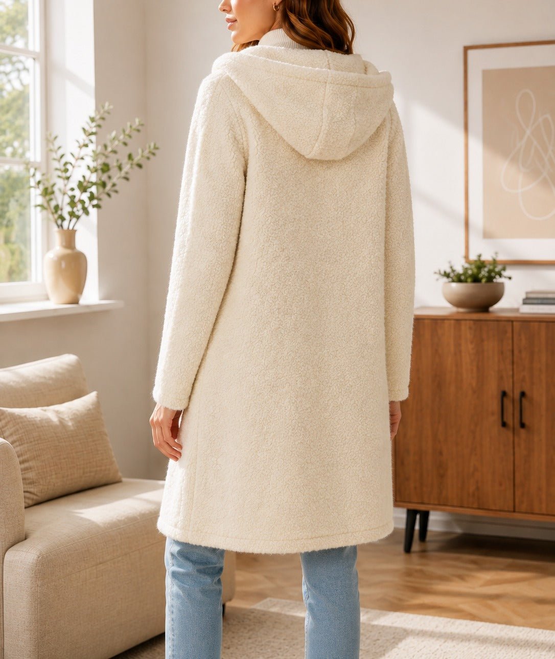 Ladies Cream Curly Melton Hooded Coat - StylePhase SA