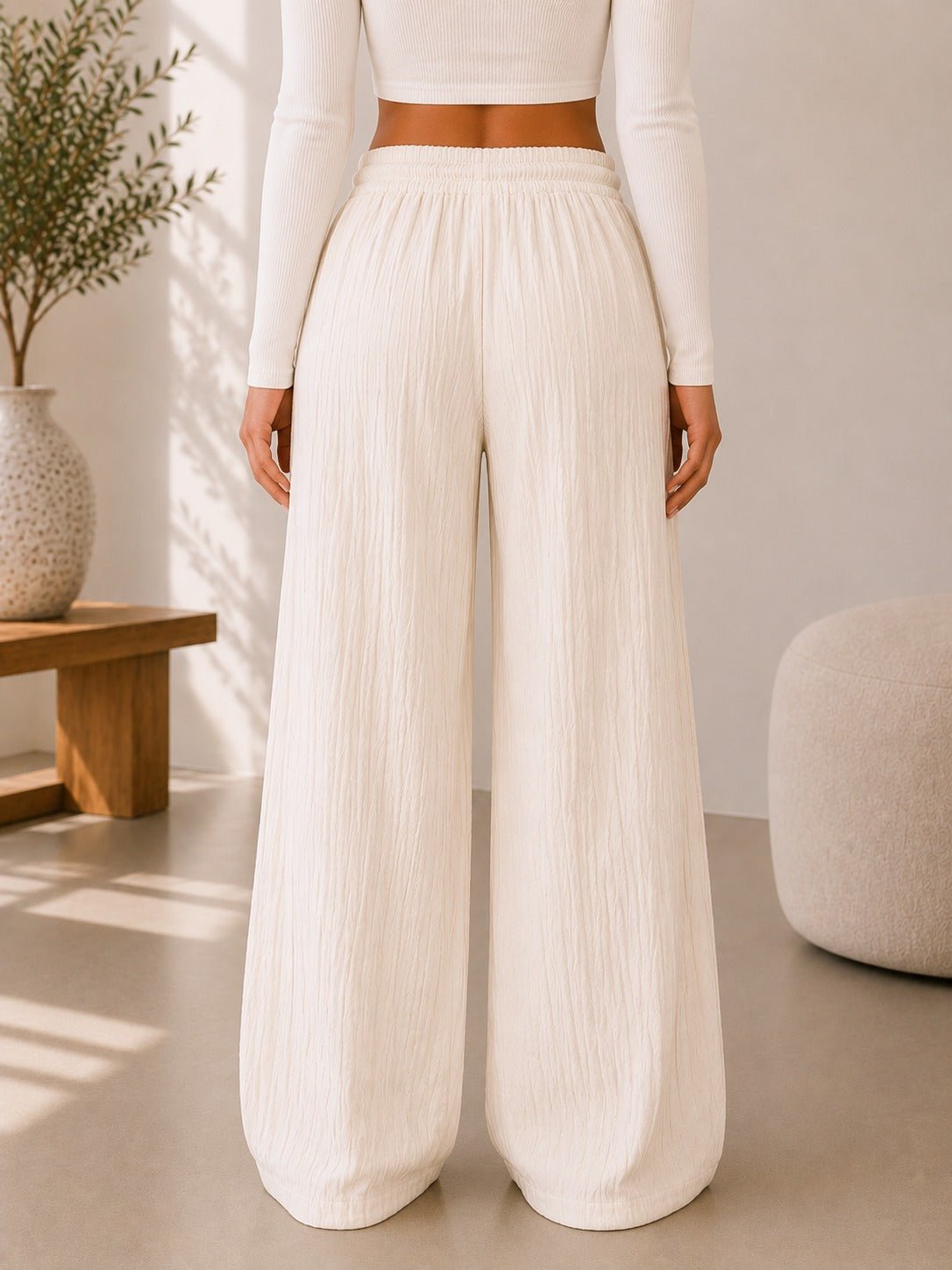 Ladies Cream Drawstring Crinkle Wide Leg Pants - StylePhase SA