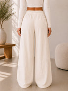Ladies Cream Drawstring Crinkle Wide Leg Pants - StylePhase SA