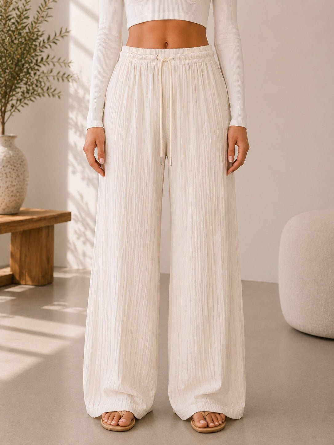 Ladies Cream Drawstring Crinkle Wide Leg Pants - StylePhase SA