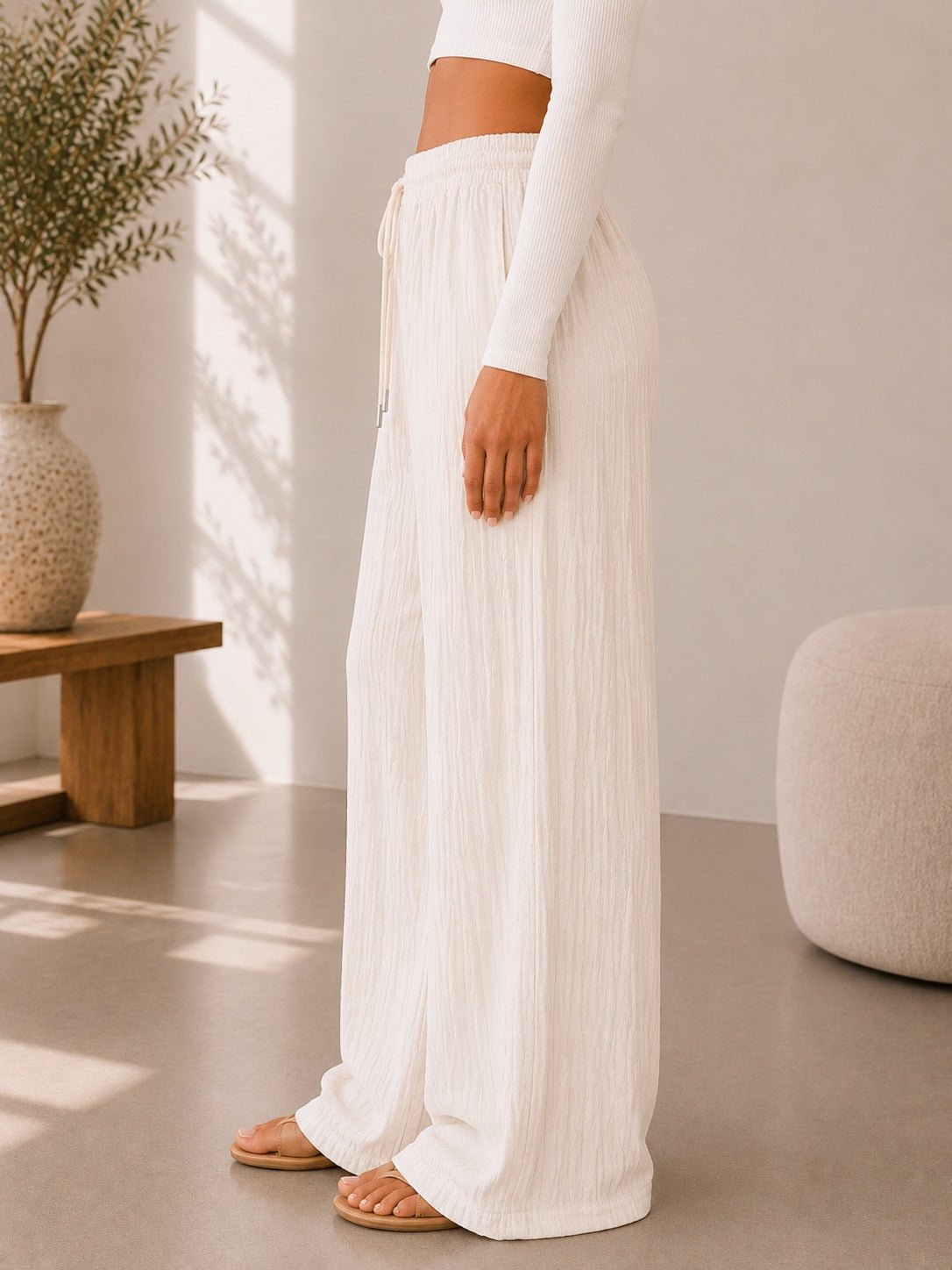 Ladies Cream Drawstring Crinkle Wide Leg Pants - StylePhase SA