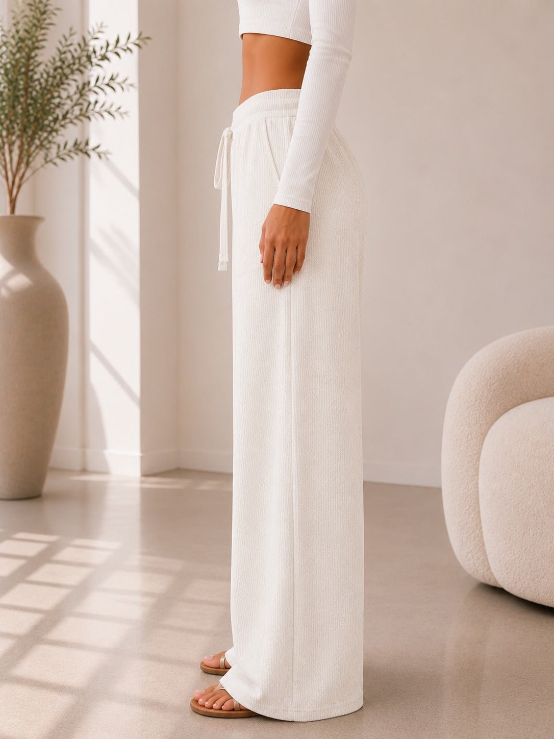 Ladies Cream Drawstring Knitwear Pants - StylePhase SA