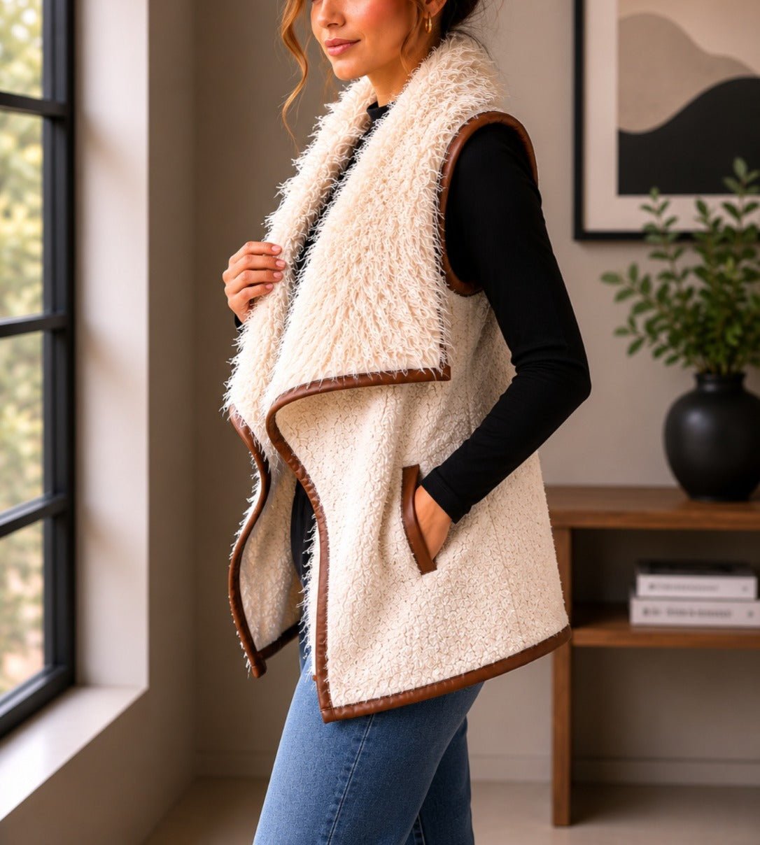 Ladies Cream Faux Fur open jacket - StylePhase SA