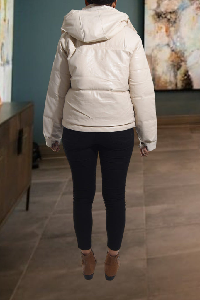 Ladies Cream Faux Leather Hoody Jacket - StylePhase SA