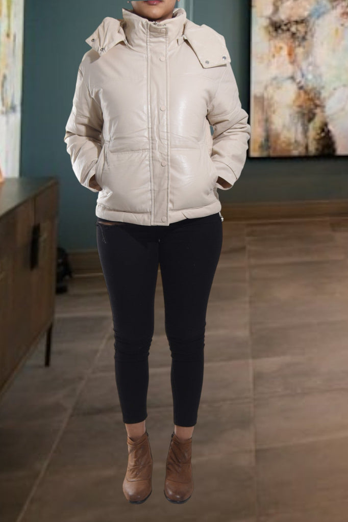 Ladies Cream Faux Leather Hoody Jacket - StylePhase SA