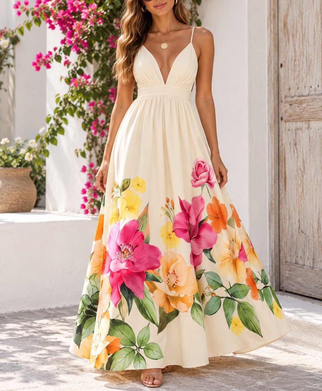 Ladies Cream Floral Deep V-Neck Maxi Dress - StylePhase SA