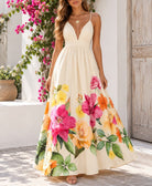 Ladies Cream Floral Deep V-Neck Maxi Dress - StylePhase SA