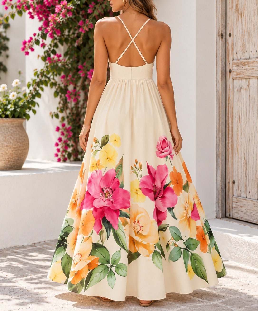 Ladies Cream Floral Deep V-Neck Maxi Dress - StylePhase SA