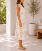 Ladies Cream Floral Notched Neck Ruffel Dress - StylePhase SA