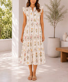 Ladies Cream Floral Notched Neck Ruffel Dress - StylePhase SA