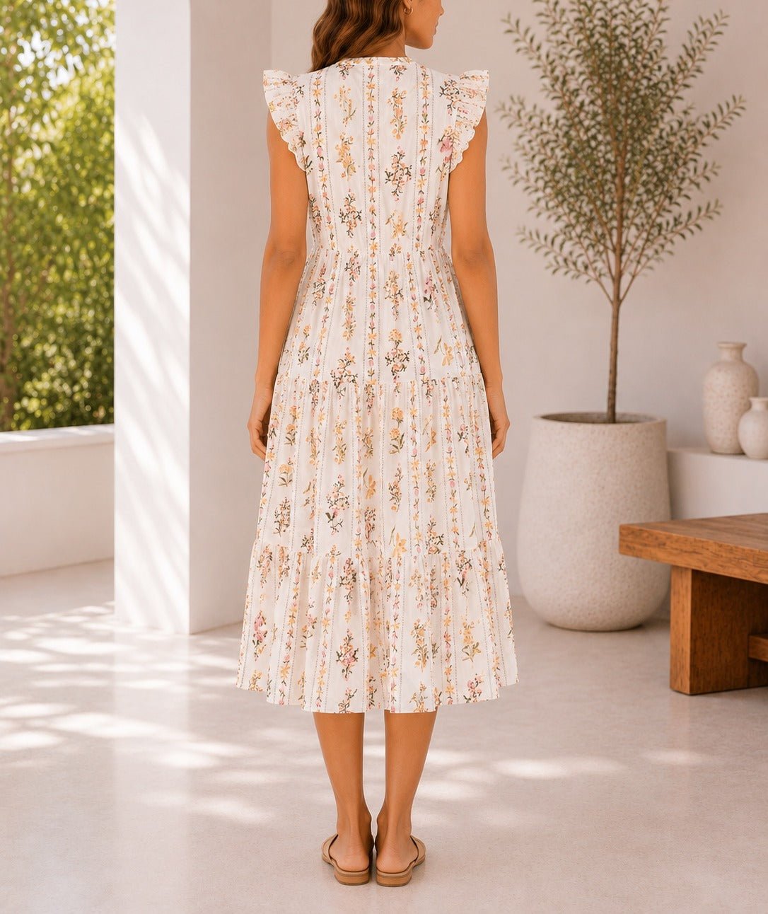 Ladies Cream Floral Notched Neck Ruffel Dress - StylePhase SA