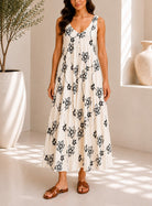 Ladies Cream Floral Print Midi V-Neck Pocket Dress - StylePhase SA