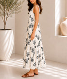Ladies Cream Floral Print Midi V-Neck Pocket Dress - StylePhase SA