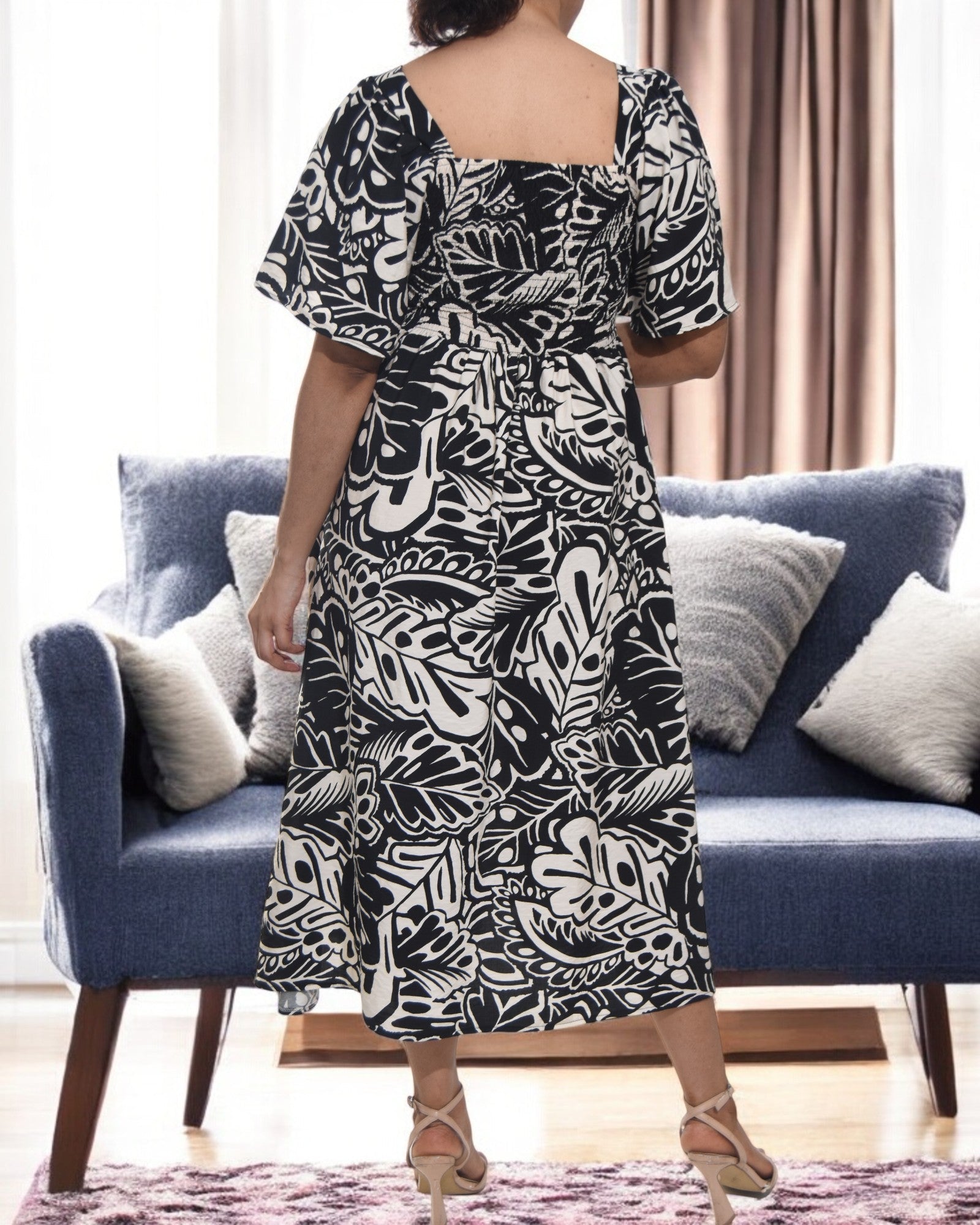 Ladies Cream Floral Square Neck Dress - StylePhase SA