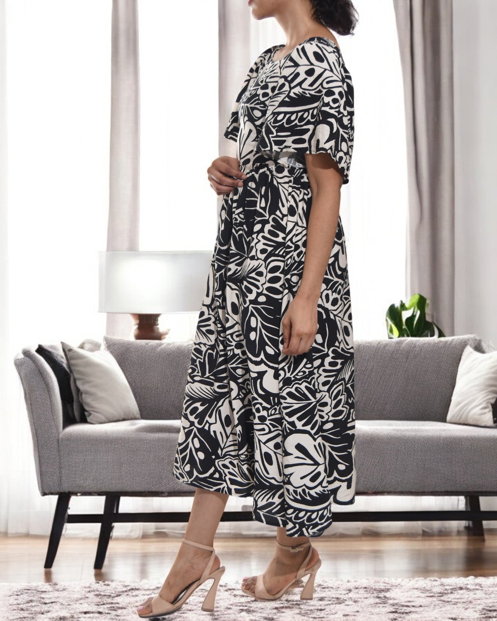 Ladies Cream Floral Square Neck Dress - StylePhase SA