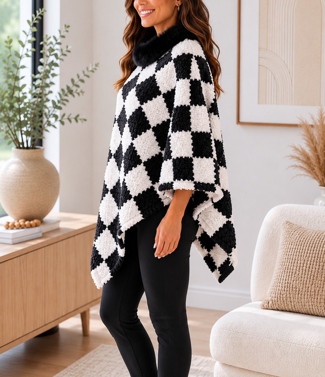 Ladies Cream Fur Collar Poncho - StylePhase SA