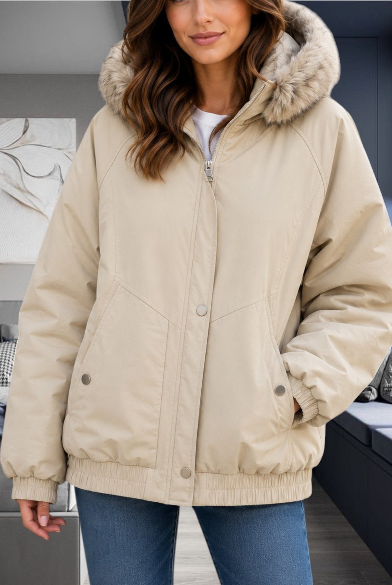 Ladies Cream Fur Hoody Jacket - StylePhase SA