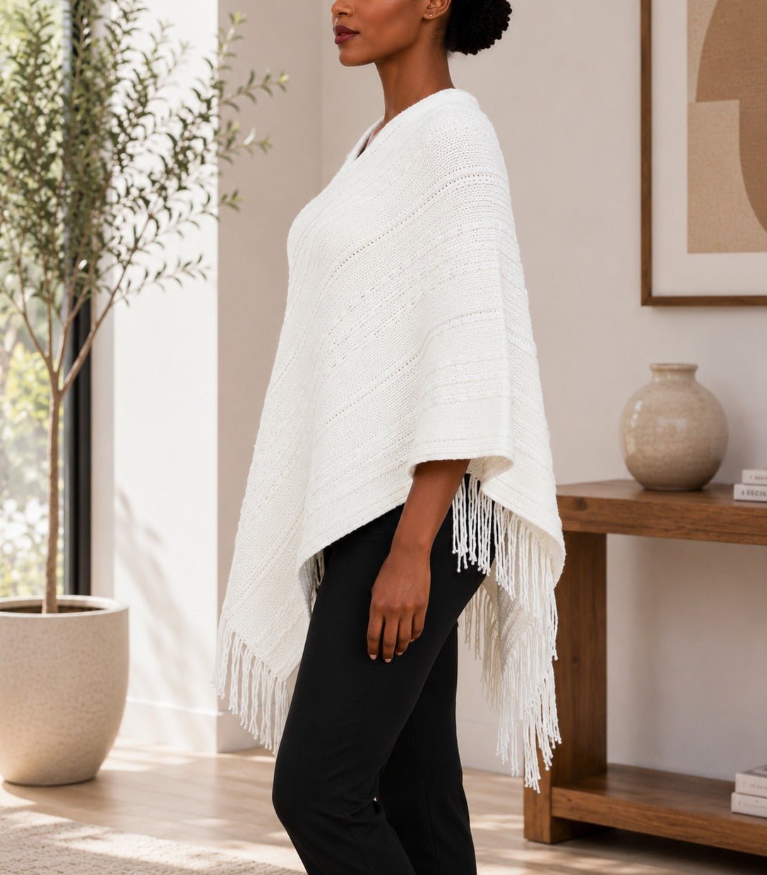 Ladies Cream Knitted V-Neck Poncho - StylePhase SA