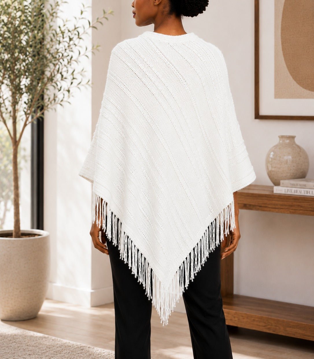 Ladies Cream Knitted V-Neck Poncho - StylePhase SA
