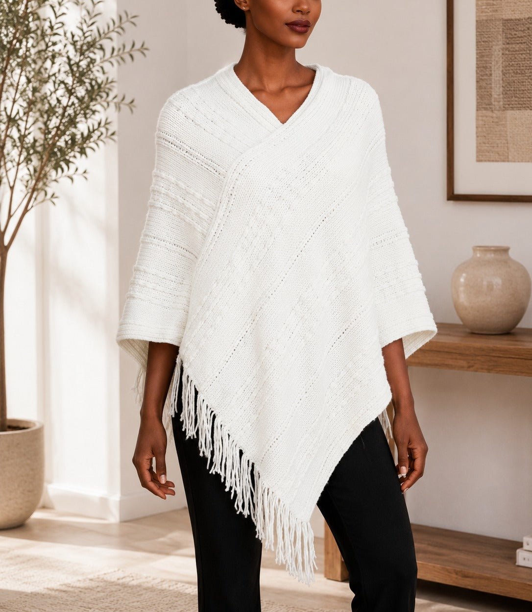 Ladies Cream Knitted V-Neck Poncho - StylePhase SA
