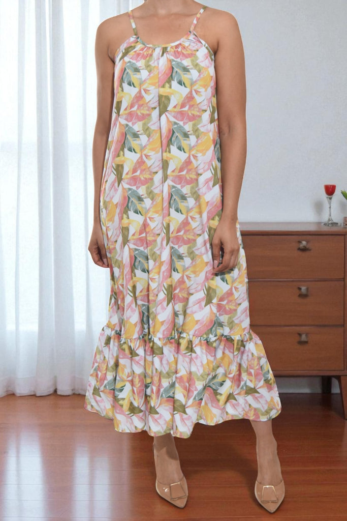 Ladies Cream Leaf Print Strappy Ruffle End Dress - StylePhase SA