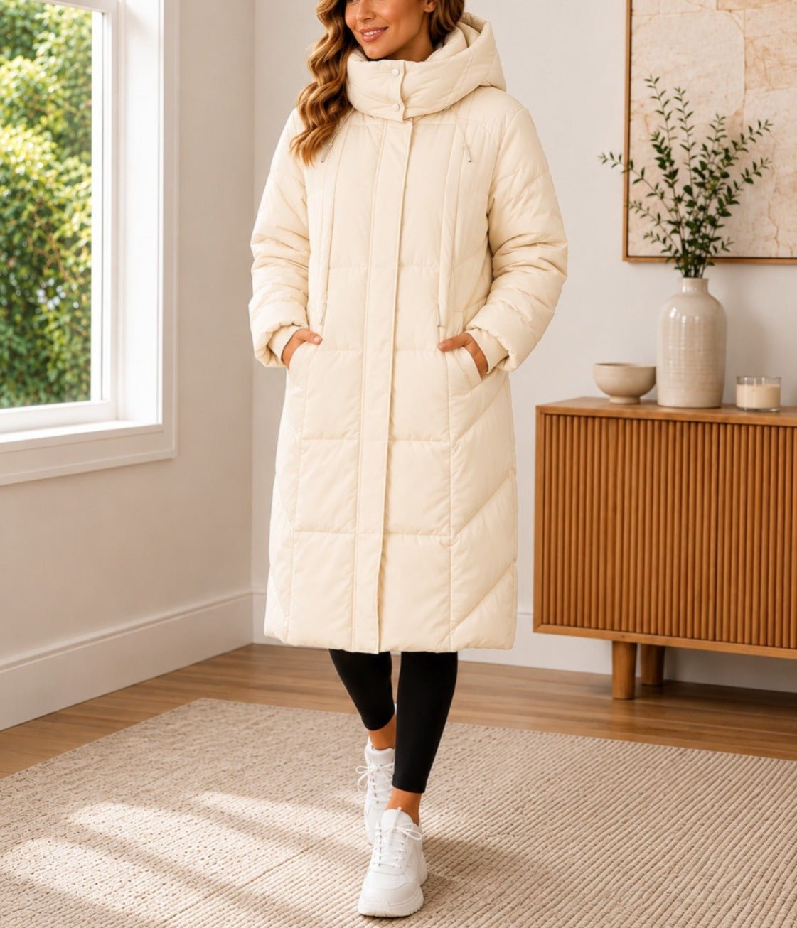 Ladies Cream Long Drawstring Lined Hoody Jacket - StylePhase SA