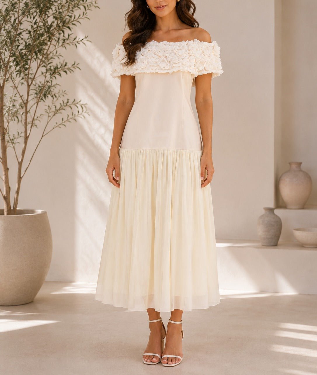 Ladies Cream Off Shoulder 3D Fabric Rose Dress - StylePhase SA