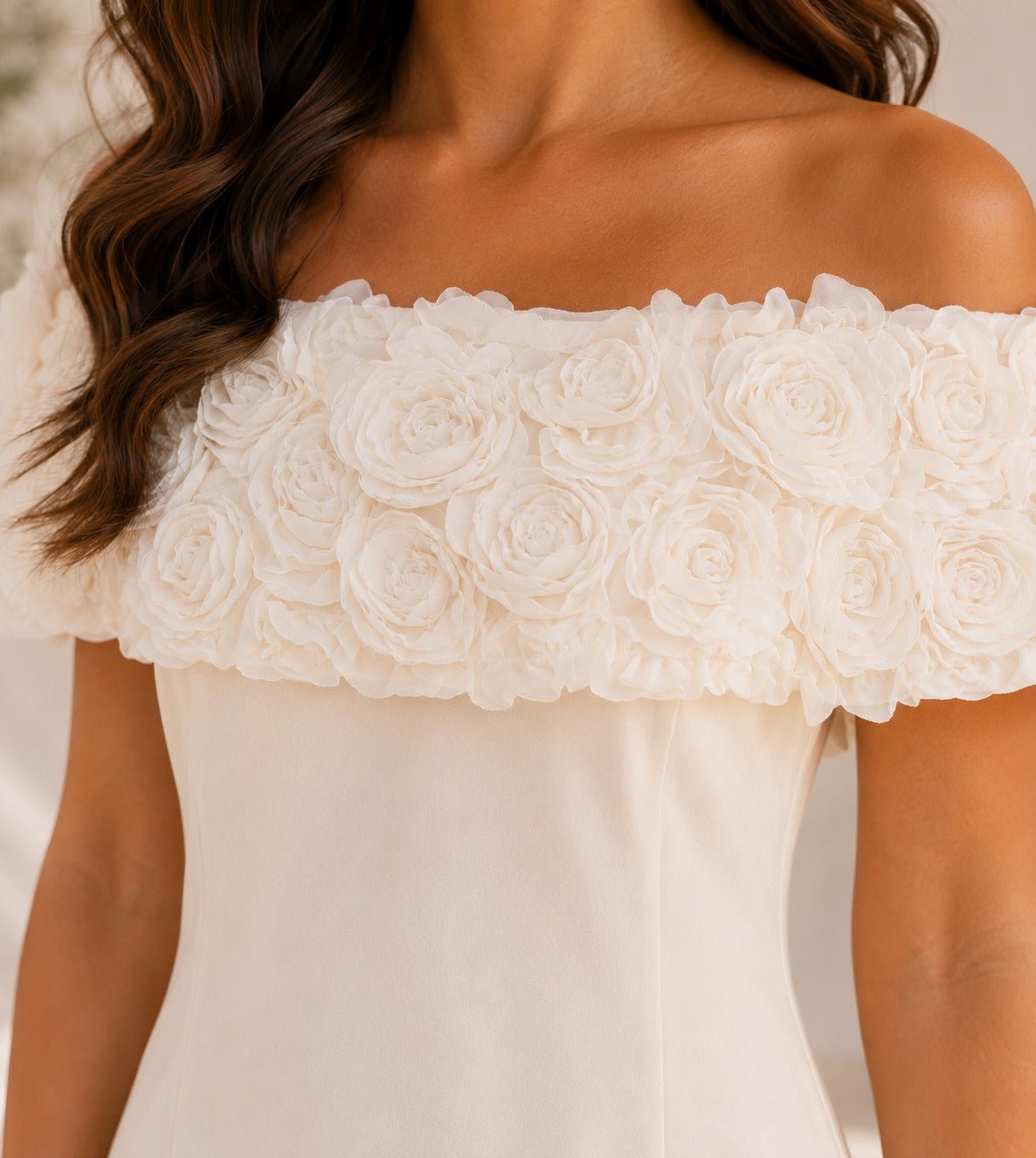 Ladies Cream Off Shoulder 3D Fabric Rose Dress - StylePhase SA