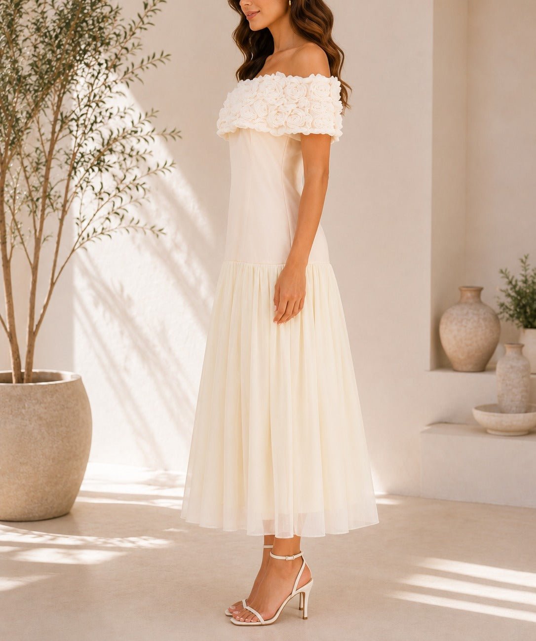 Ladies Cream Off Shoulder 3D Fabric Rose Dress - StylePhase SA