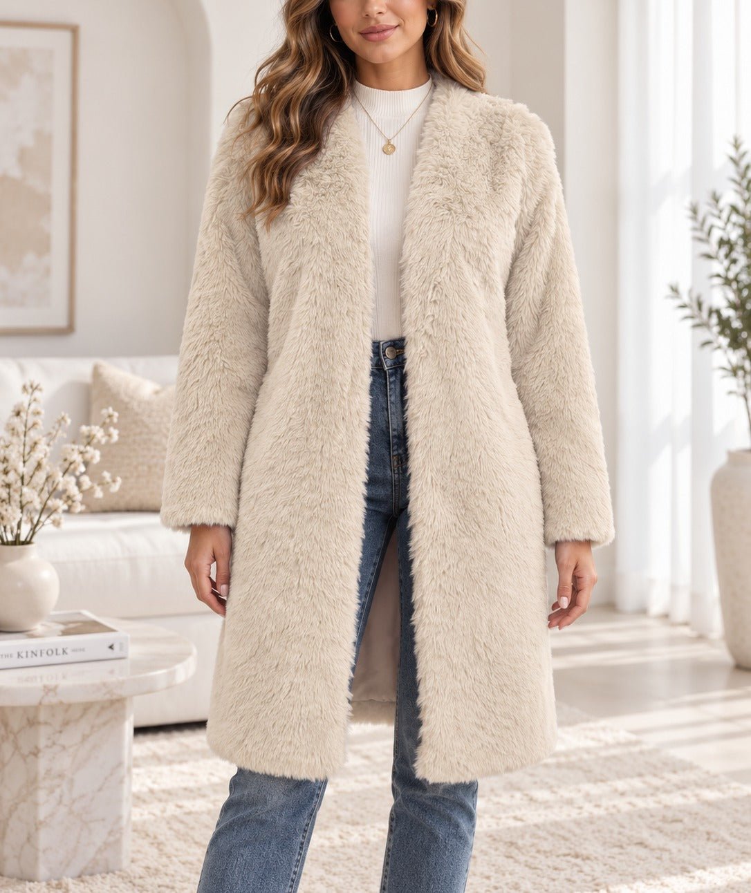 Ladies Cream Open-Front Faux Fur Coat - StylePhase SA