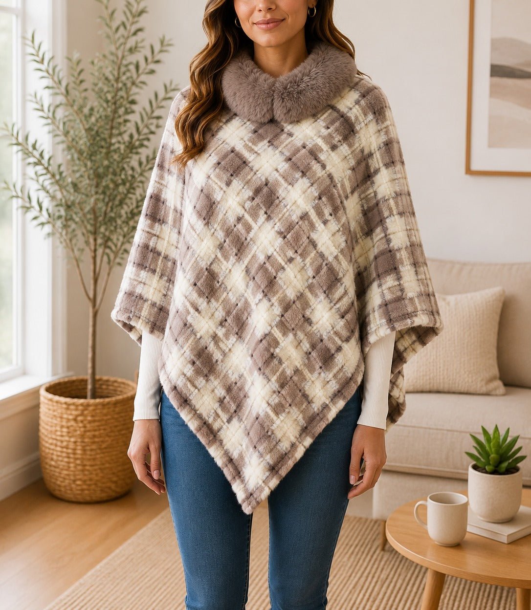 Ladies Cream Pattern Fur Collar Poncho - StylePhase SA