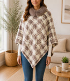 Ladies Cream Pattern Fur Collar Poncho - StylePhase SA