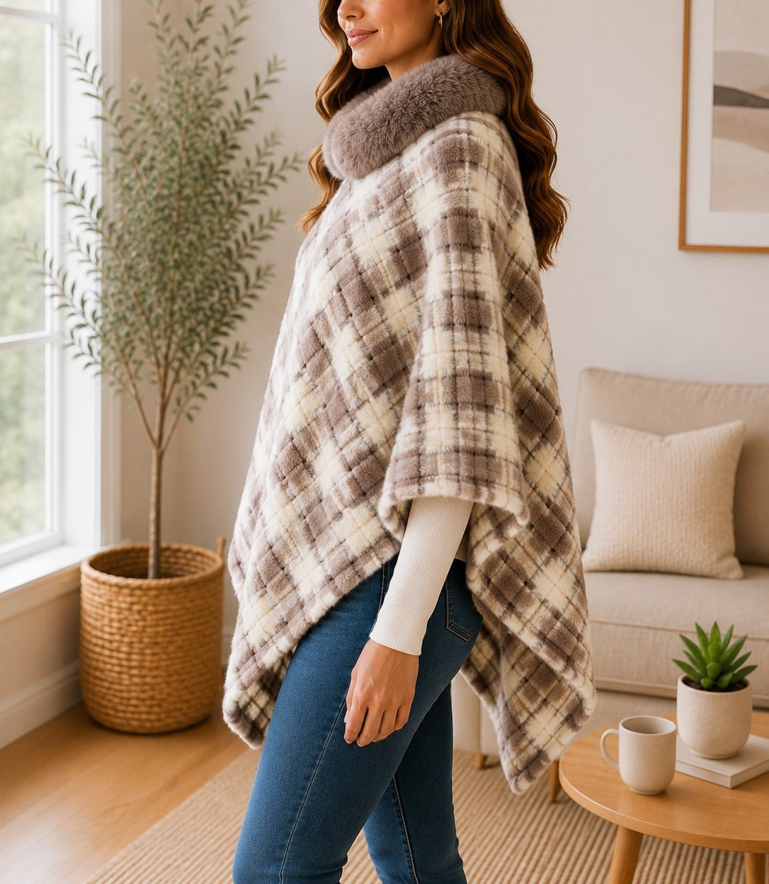 Ladies Cream Pattern Fur Collar Poncho - StylePhase SA