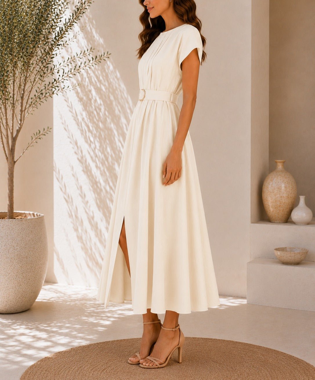 Ladies Cream Pleated Buckled Waist Belt Dress - StylePhase SA