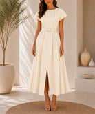 Ladies Cream Pleated Buckled Waist Belt Dress - StylePhase SA