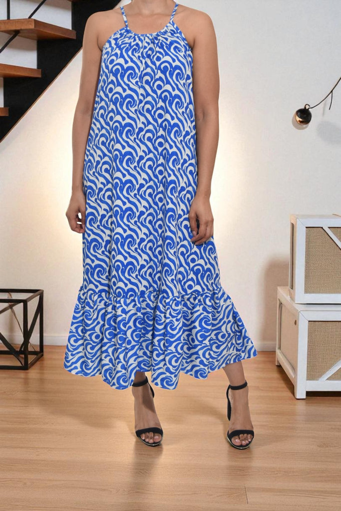 Ladies Cream Printed Strappy Ruffle End Dress - StylePhase SA