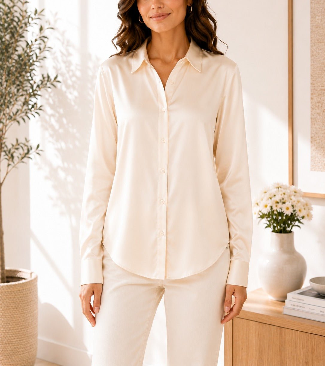 Ladies Cream Satin Shirt-New Feeling - StylePhase SA