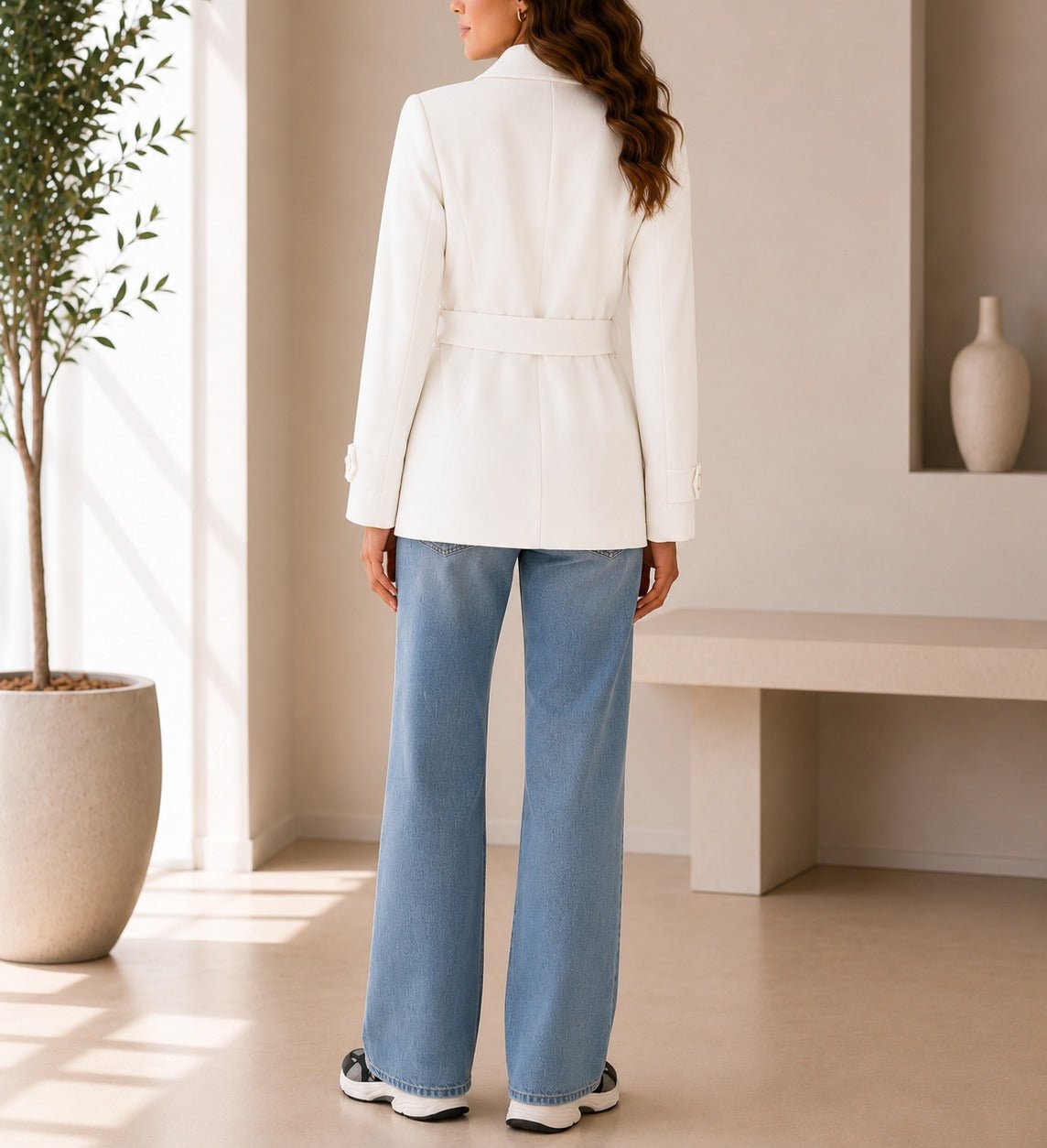 Ladies Cream Short Belted Shawl Collar Coat - StylePhase SA