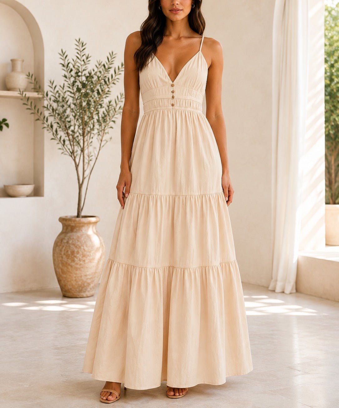 Ladies Cream Strappy Ruffel Hem Dress - StylePhase SA