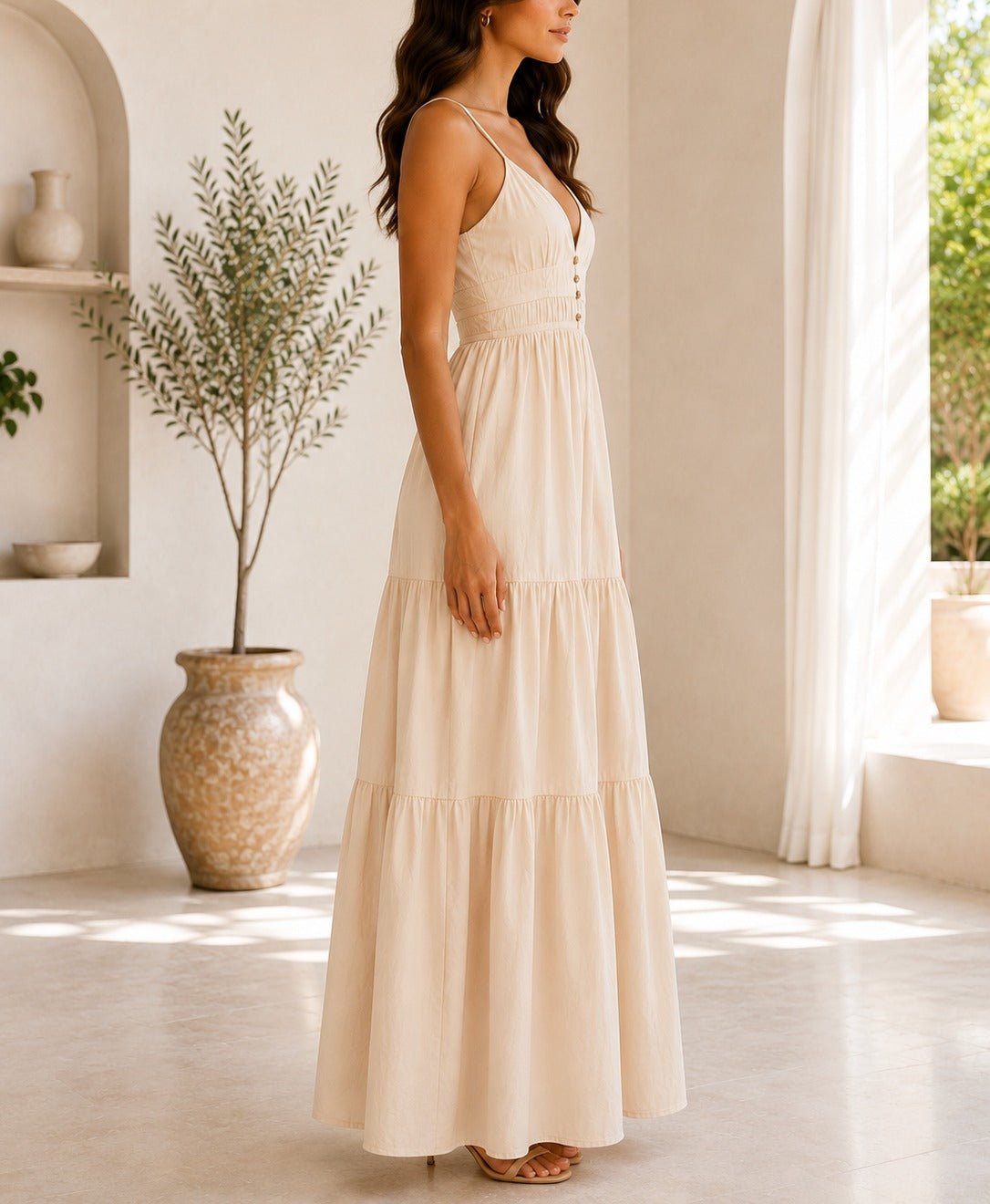 Ladies Cream Strappy Ruffel Hem Dress - StylePhase SA