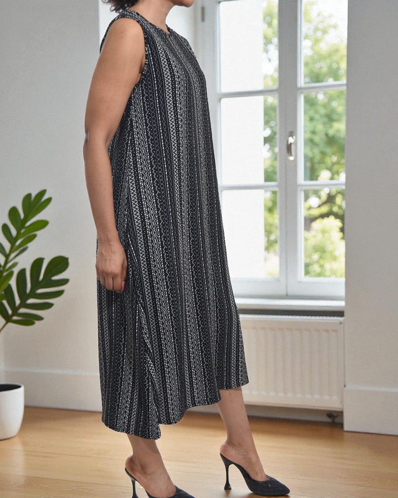 Ladies Cream Stripe Crinkle Sleeveless Dress - StylePhase SA