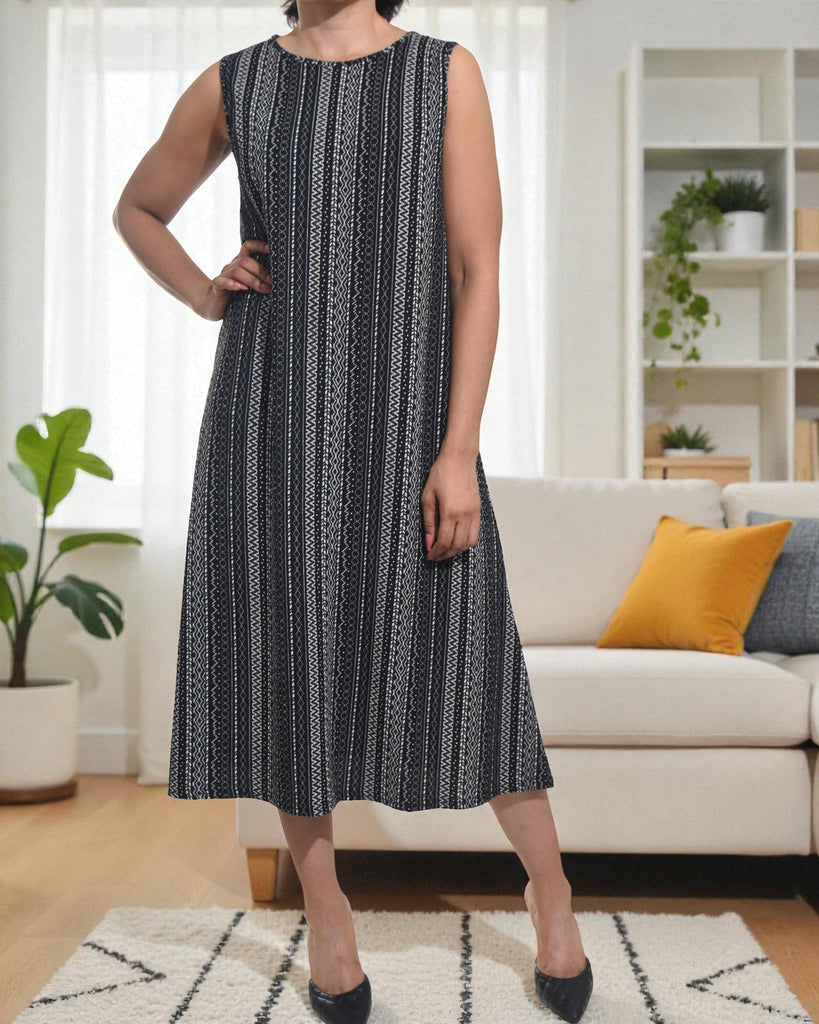 Ladies Cream Stripe Crinkle Sleeveless Dress - StylePhase SA