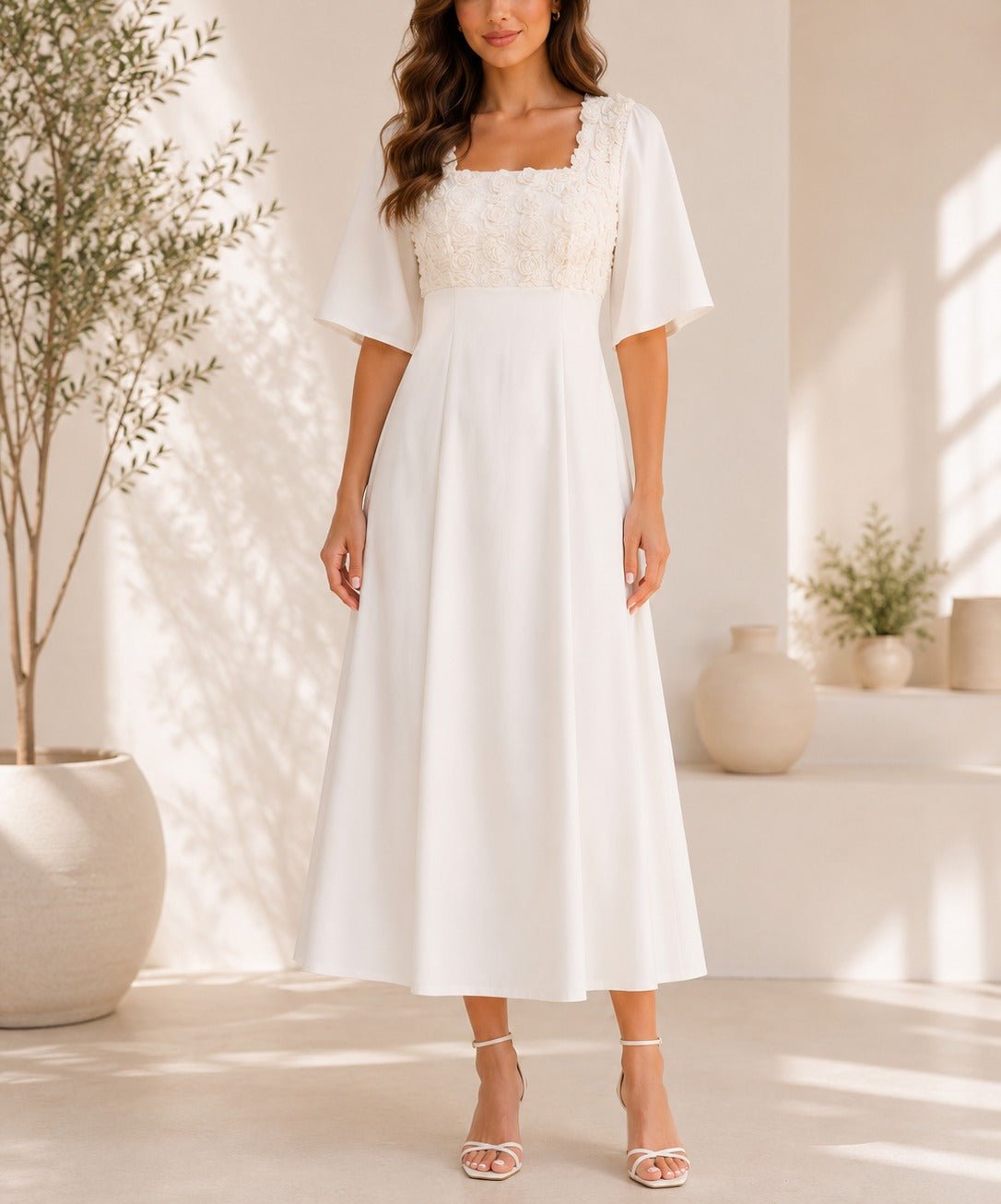 Ladies Cream Textured Floral Detail Dress - StylePhase SA