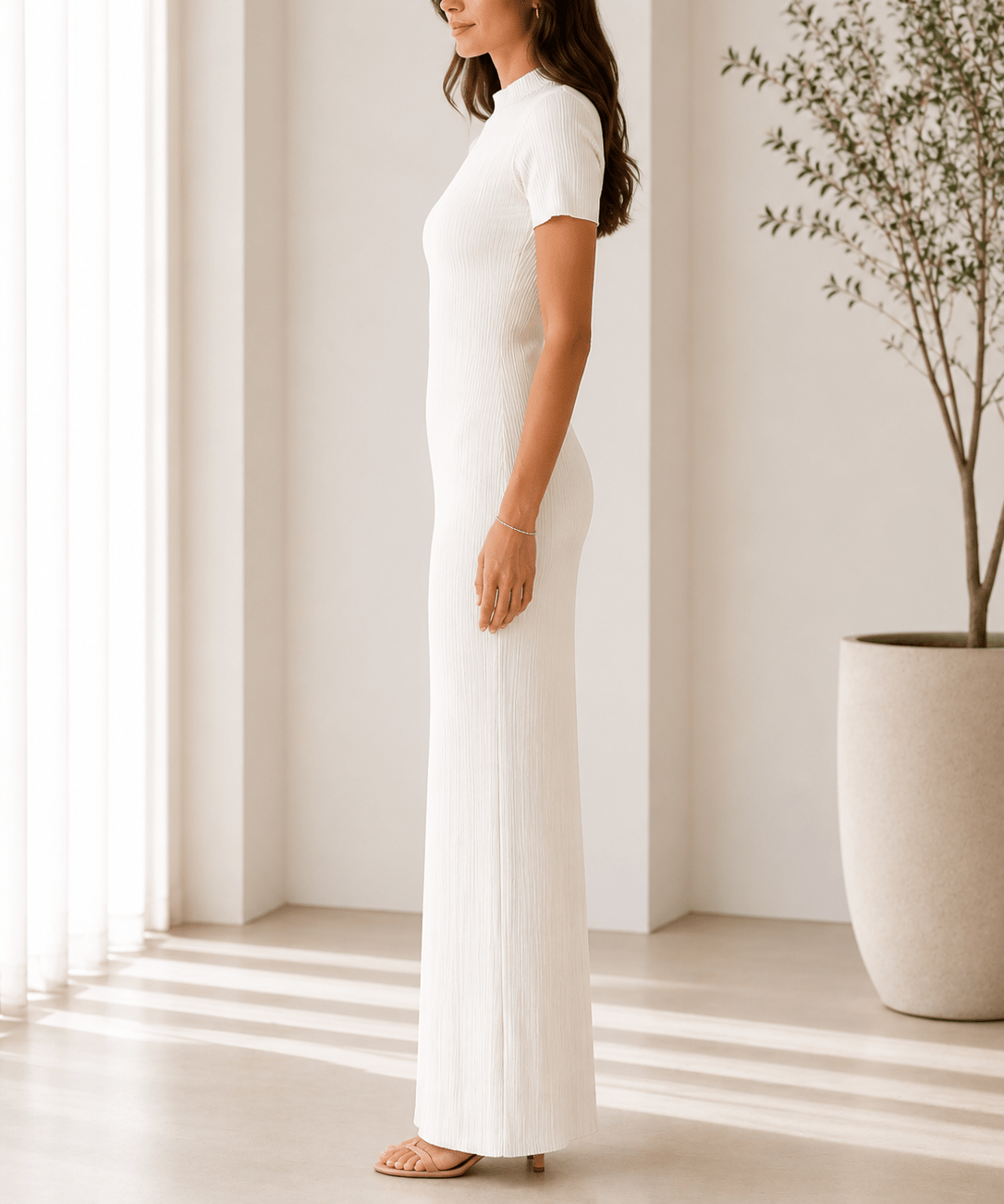 cream dress for ladies Long Sleeve Mesh up collar Ladies Cream Textured Maxi Dress|