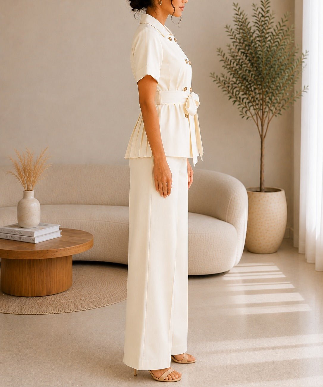 Ladies Cream White Button Front Two-Piece Set - StylePhase SA