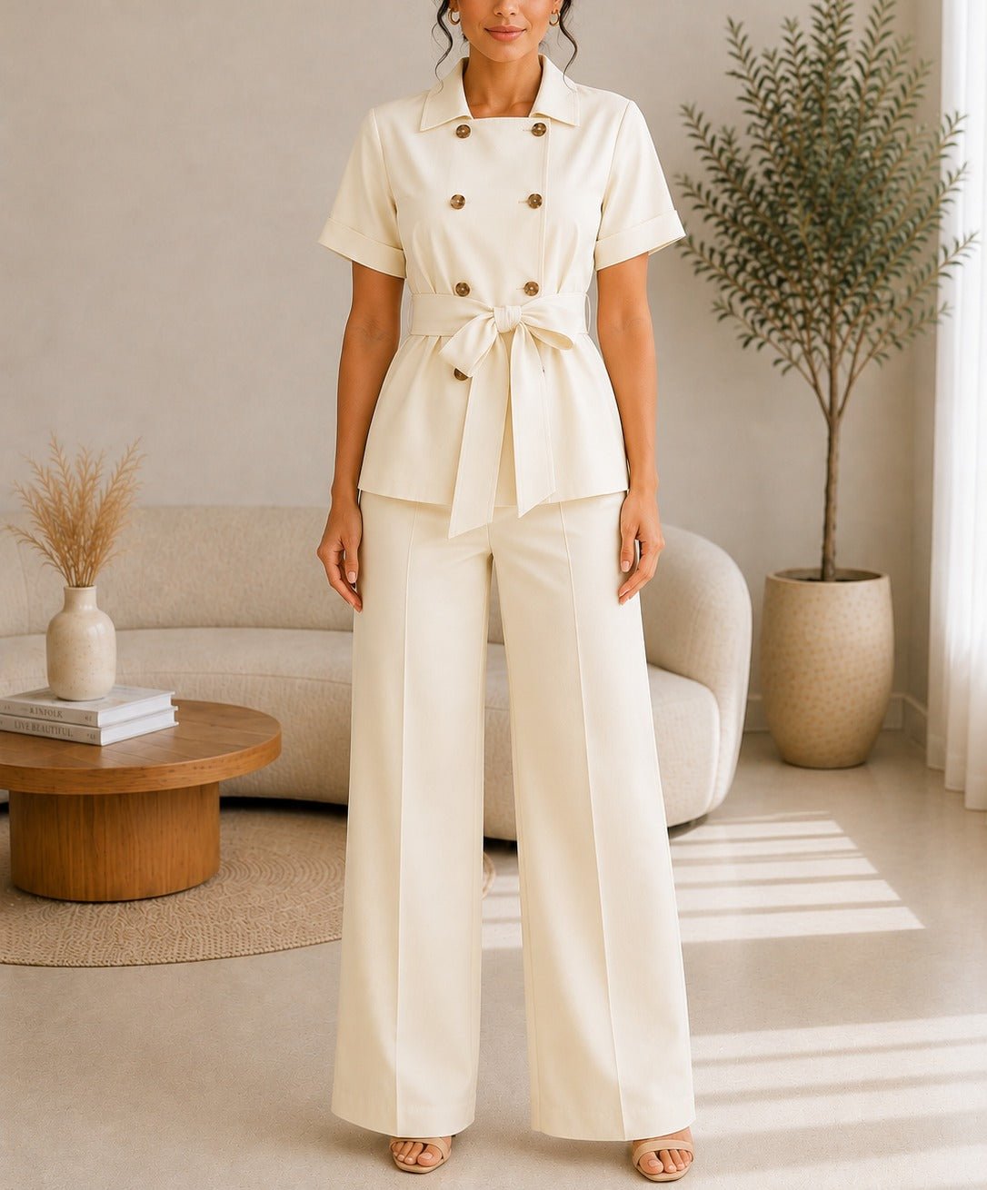 Ladies Cream White Button Front Two-Piece Set - StylePhase SA