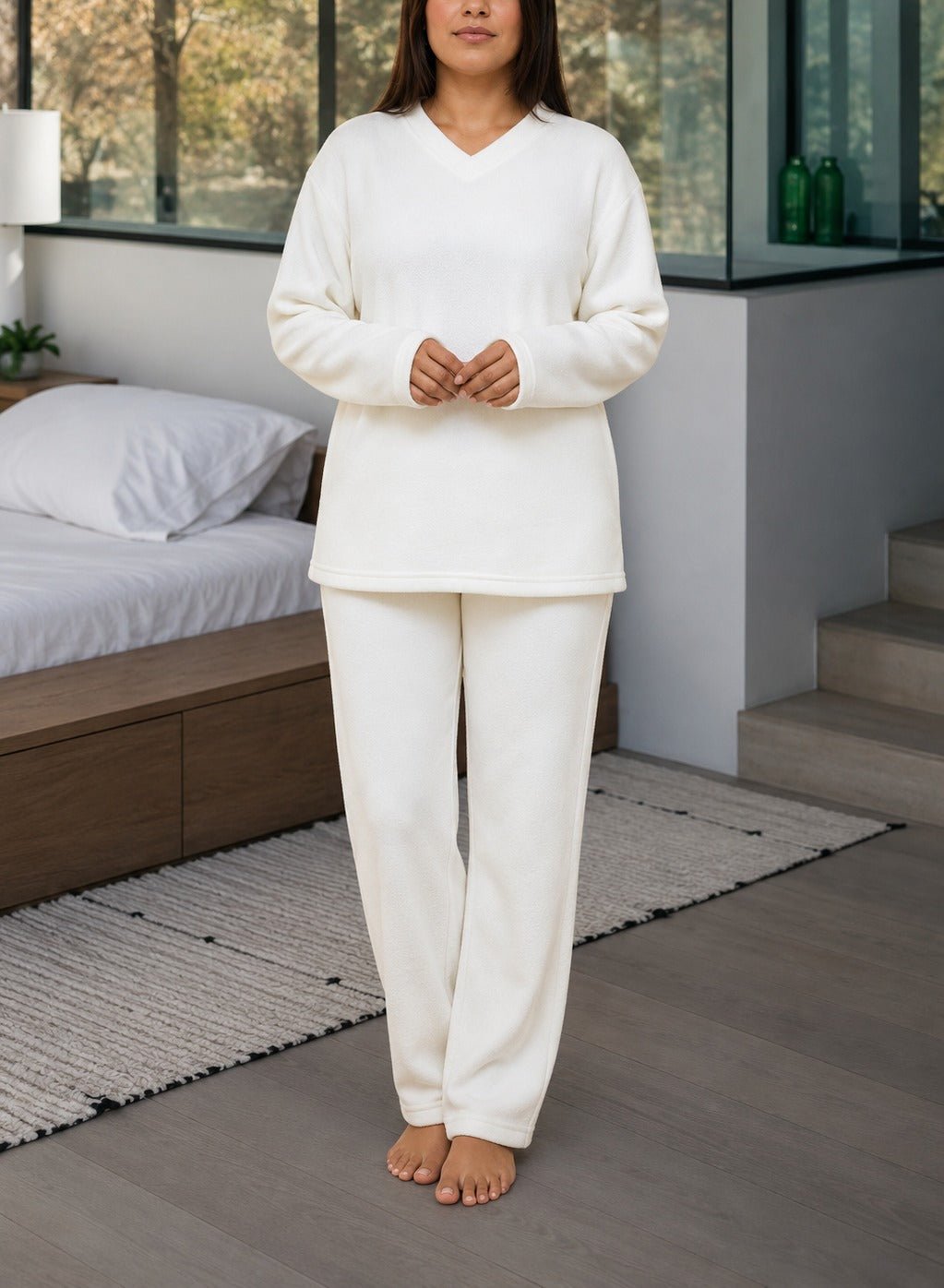 Ladies Cream White Polar Fleece Pyjama Set - StylePhase SA